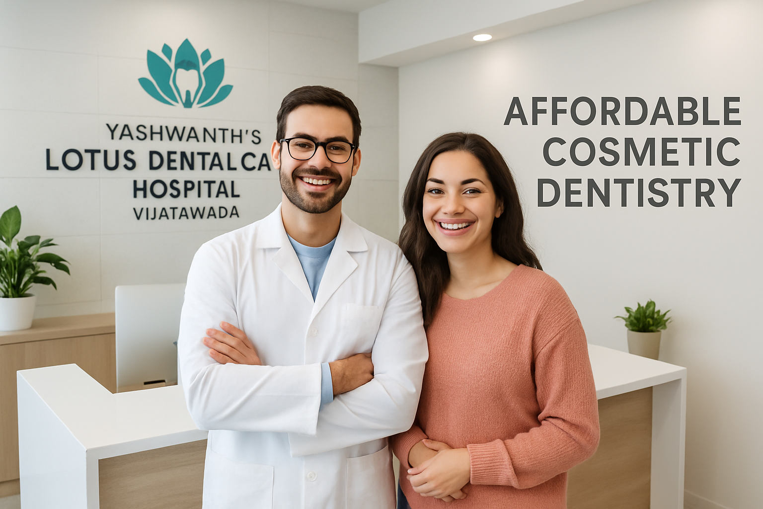 A cheerful dentist stands beside a smiling patient in a modern, well-equipped dental clinic at Yashwanth's Lotus Dental Care Hospital Vijayawada. The image reflects confidence and satisfaction after a successful, affordable smile makeover, highlighting advanced dental technology and compassionate care.